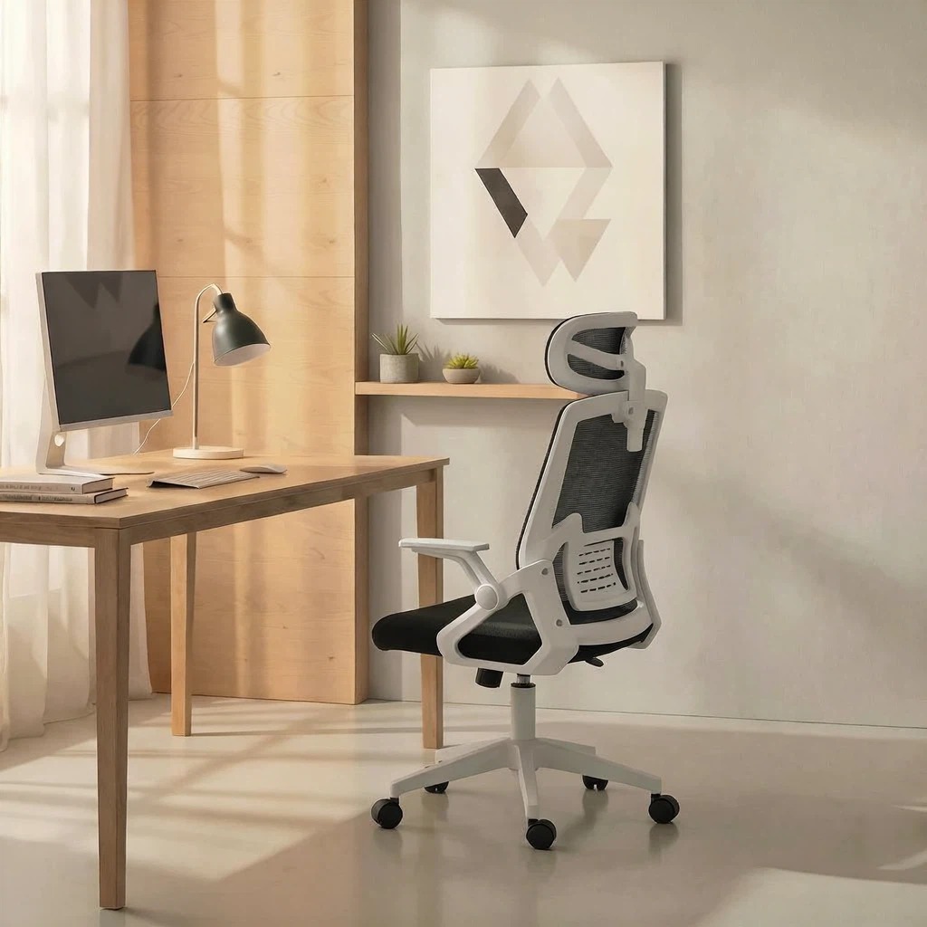 인체공학 메쉬 사무용의자 헤드레스트 요추지지 각도조절 90도 팔걸이 장시간 편안 재택근무 학습용 컴퓨터 책상의자, 블랙+화이트 71,000원