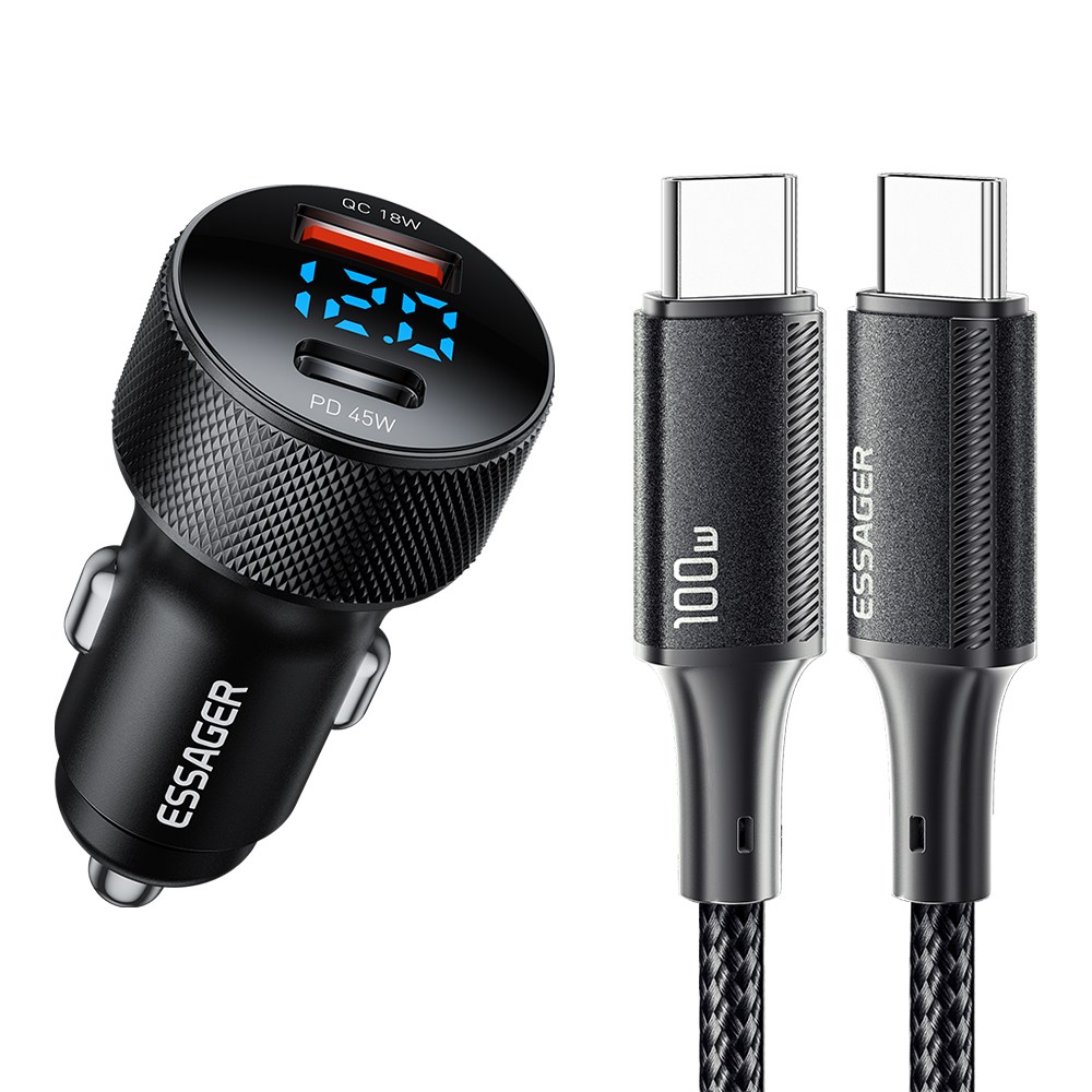 Essager 45W 2포트 USB A타입 TO C타입 PD3.0 QC3.0  차량용 초고속 충전기 C-C타입 포함 12,900원