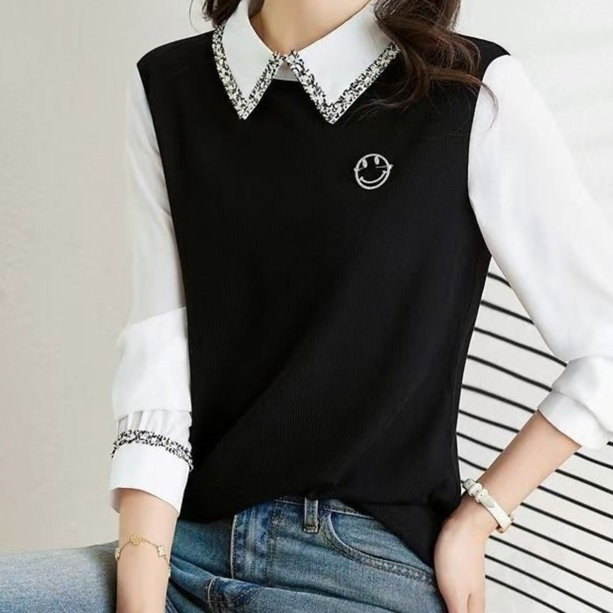 비아이와이 여성 봄 가을 통근오피스 카라넥 레이어드 긴팔 티셔츠 D81 32,990원