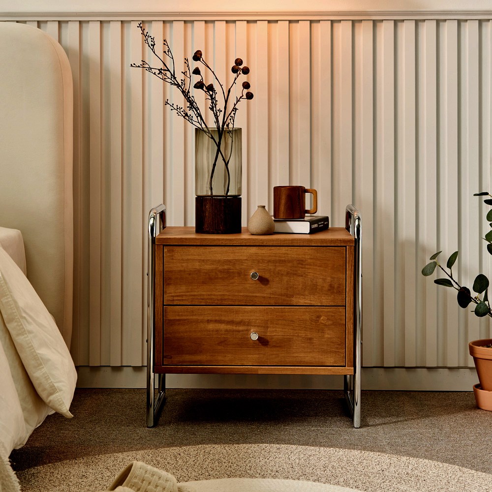리프리홈 렌시 고무나무 원목 스틸 2단 협탁 미드센추리 쇠테리어 침대 옆 소파 미니 서랍 거실 209,000원