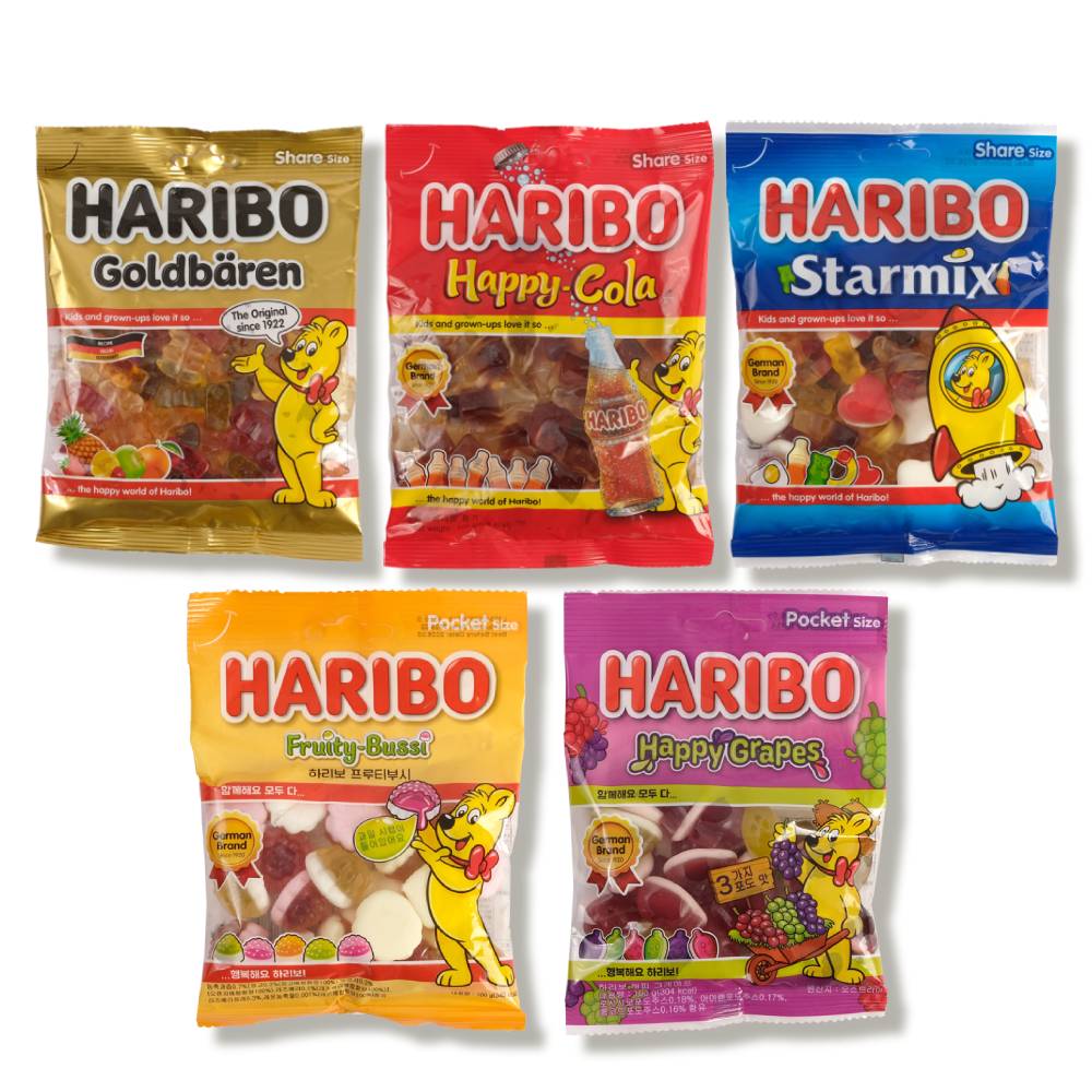 하리보 젤리 5개 묶음 (골든바렌구미,해피콜라,스타믹스,프루티부시,해피그레이프) 9,900원