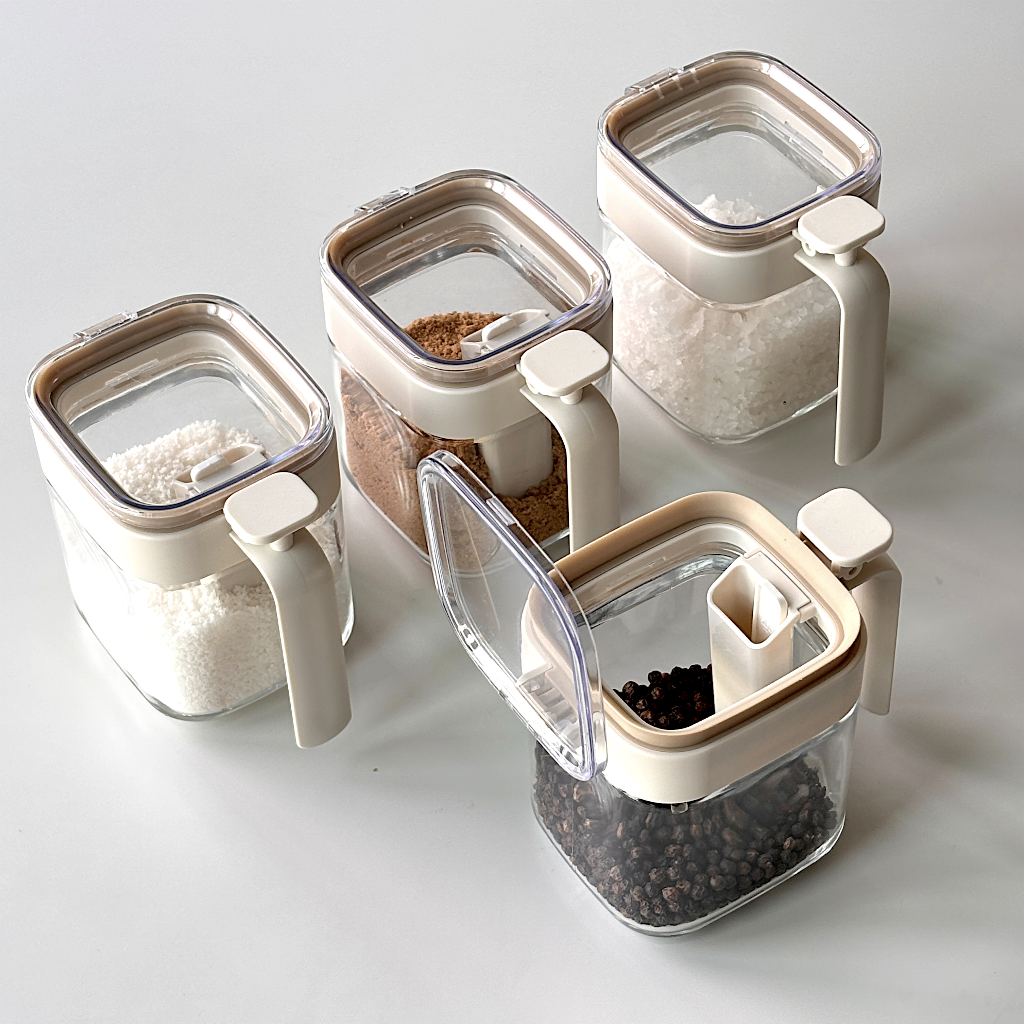 라몬 밀폐 유리 양념통 원터치 빌트인스푼 조미료통, ALL투명 4개, 1세트 24,000원
