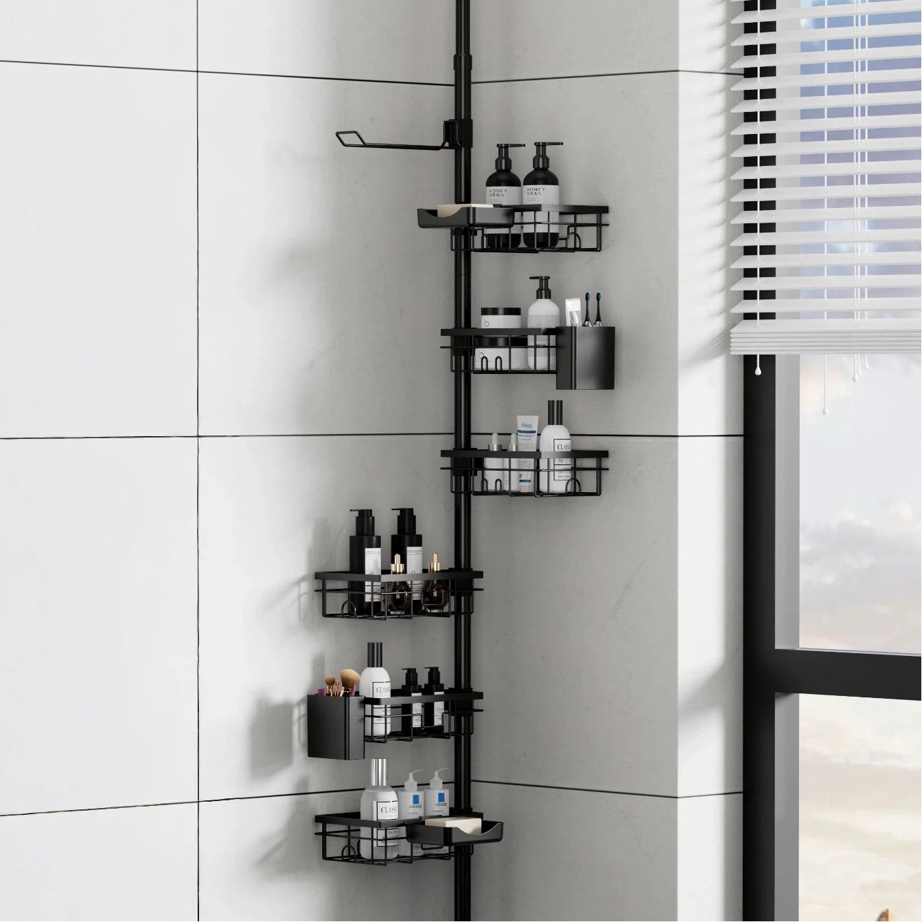 욕실코너 수납선반 무타공 텔레스코픽 금속재질 방수 습기차단 청소쉬움 화장실 세면대 욕조옆 샤워용품거치대 다단 높이조절 빈 공간 활용 다용도 욕실수납, 1세트, 블랙 59,990원