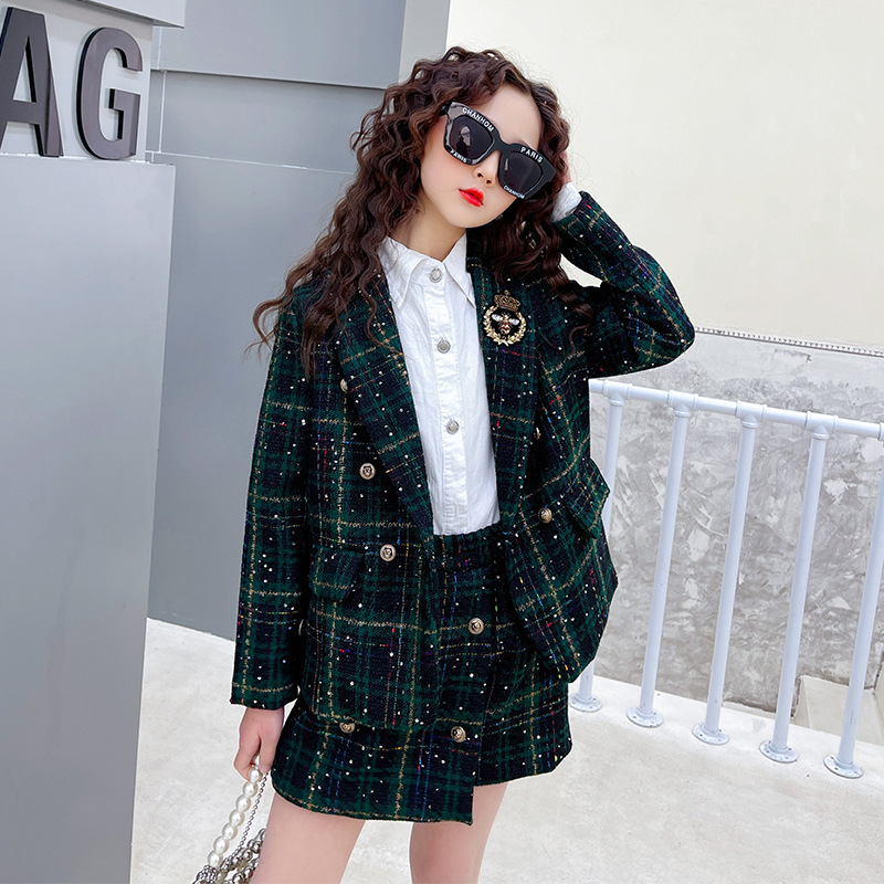 메이징키즈 주니어 여아 트위드 체크 반짝 자켓 치마 투피스 세트 35,600원