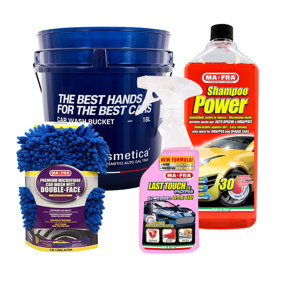마프라 세차용품 베이직 4종 세트 샴푸+물왁스 구성(삼푸파워 + 라스트터치 + 더블페이스 미트 + 라보 슬로건 버킷18L), 1개 43,920원