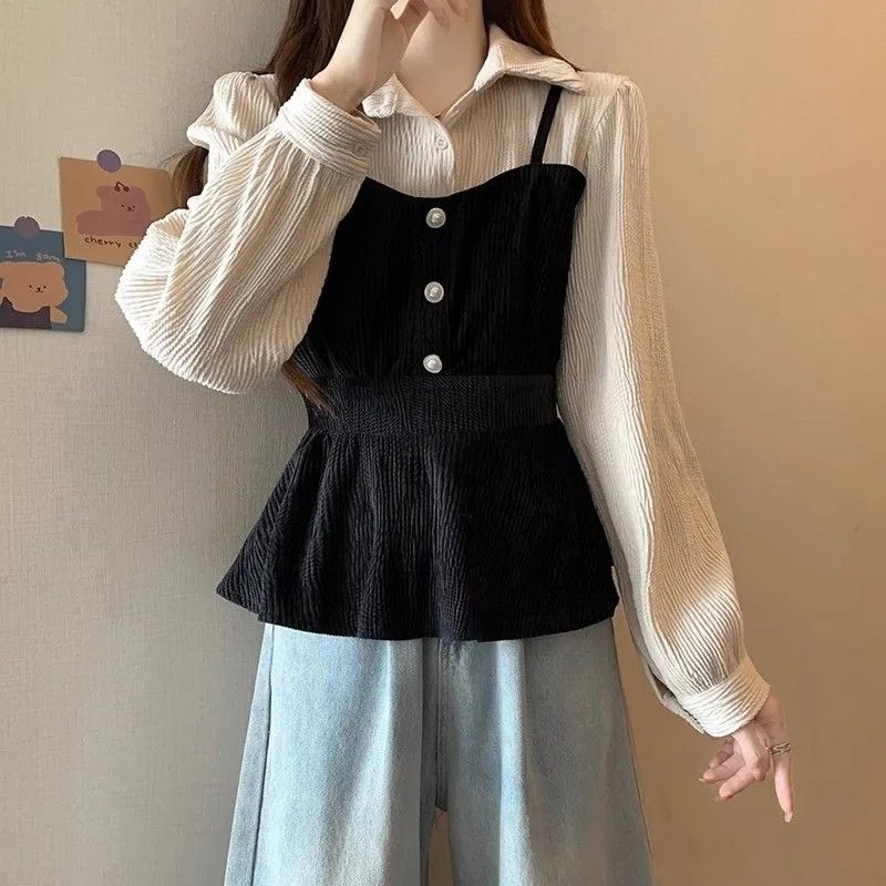 MAKABORO 여성 레이어드 셔츠 카라넥 허리조임 배색 슬림핏 빅사이즈 긴팔 셔츠 20,700원