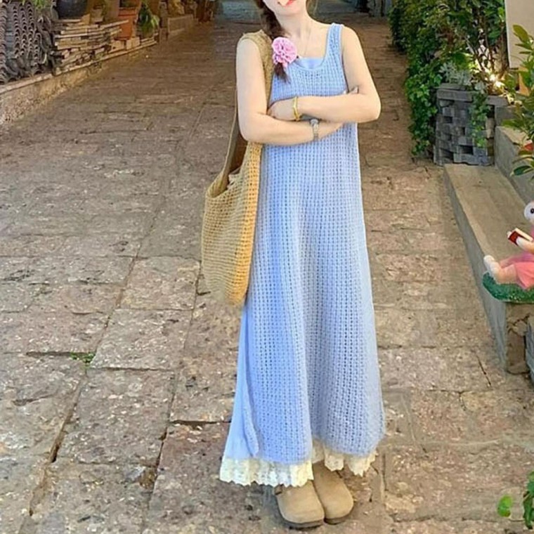 LND 라잇 펀칭 니트 원피스 세트 여름 투피스 민소매 나시 치마 롱원피스 44,580원