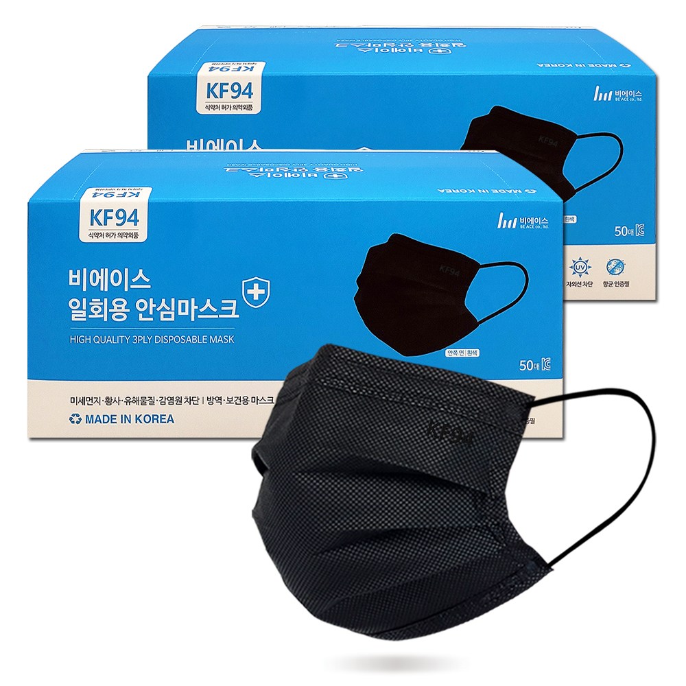 비에이스 KF94 덴탈마스크 대형, 블랙, 2박스, 50매 15,500원
