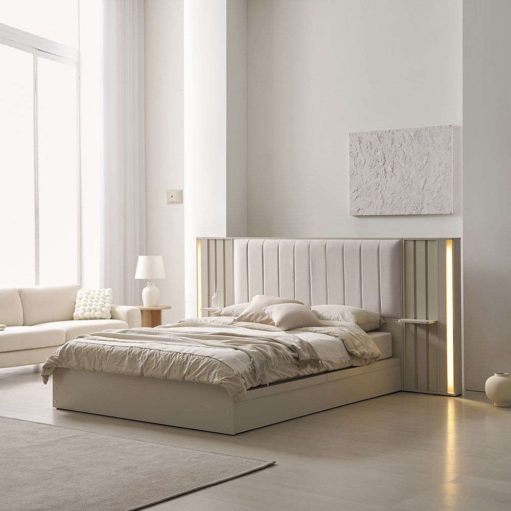 [베디스] 루미너스 기능성 패브릭 쿠션 헤드 LED조명 호텔 평상형 침대 프레임 + 7존독립매트 세트 SS/Q/K/LK 139,000원