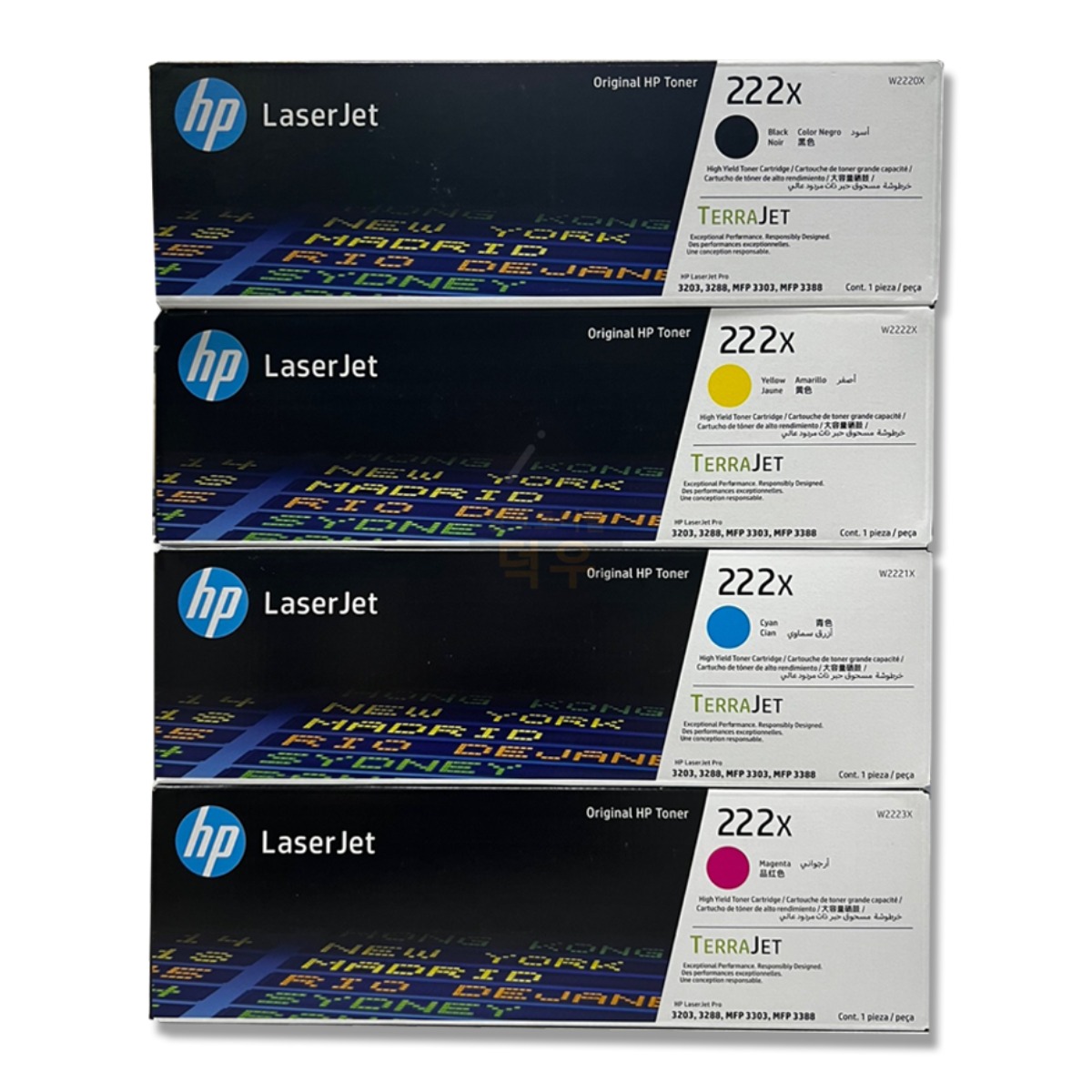 222X 4색 세트 (무료배송) HP 정품토너 ( W2220X검정+W2221X파랑+W2222X노랑+W2223X빨강 ) 3203, 3288, MFP3303, MFP3388, 1세트, 222X 4색 560,000원
