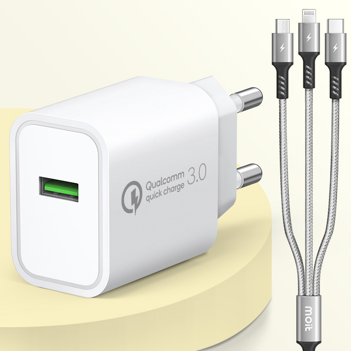 모잇 퀄컴 공식인증 QC3.0 18W 급속 고속충전기 + 3in1 멀티 케이블 1.2m 세트 7,990원