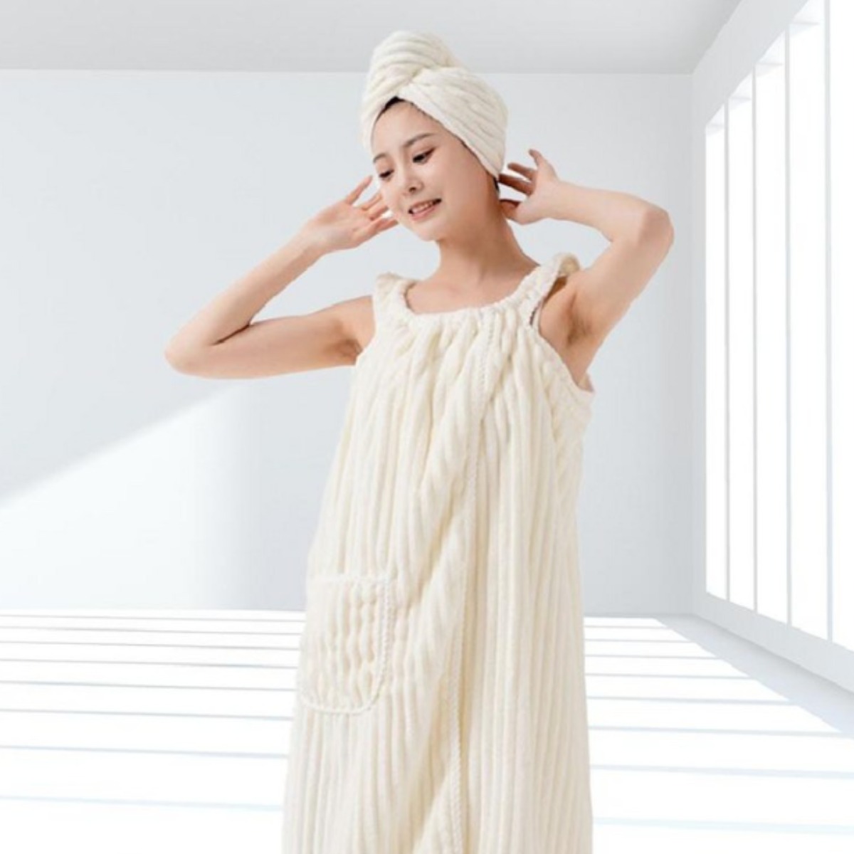 잭스터 입기 편한 여성 샤워 가운 부드러운 목욕 타올, 1개, 아이보리 12,500원