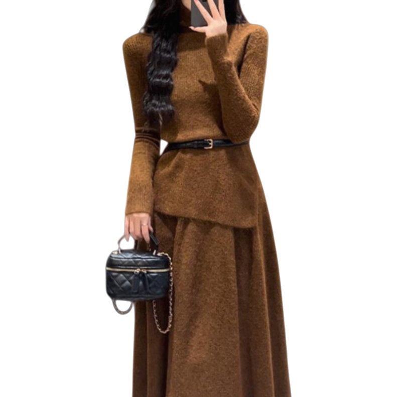 Makone 여성 가을 겨울 폴라 솔리드 데이트 패션 니트 롱 스커트 투피스 26,010원