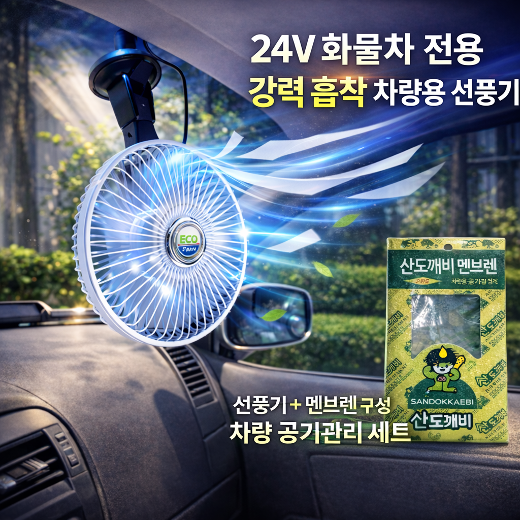 [KC인증 24V 화물차 선풍기] 강력흡착 8인치 카팬 + 산도깨비 멤브렌 1p  대형차 화물차 여름필수템 / 악취제거 상쾌바람 38,000원