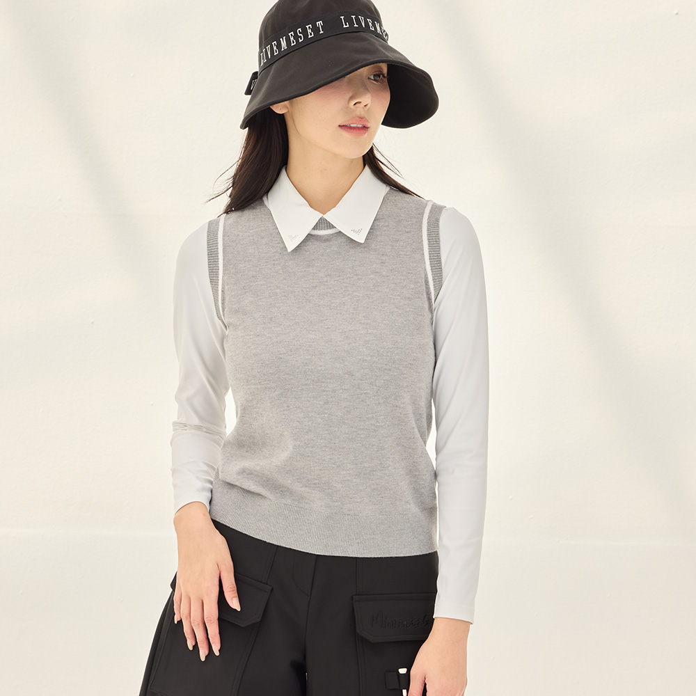 제이투제이 여성골프웨어 라인배색 라운드 니트베스트 69,420원