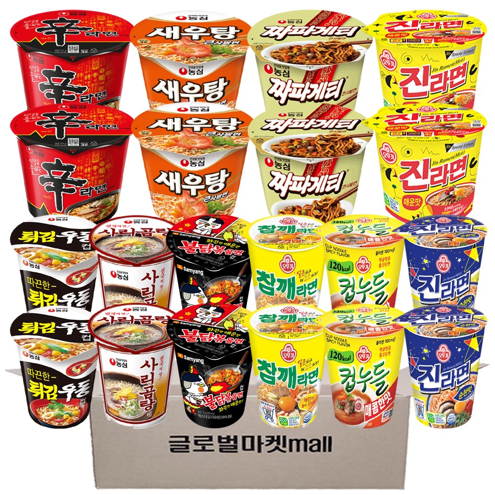 글로벌마켓mall 컵라면 큰컵 작은컵 모음 세트 신큰2+새우큰2+짜파큰2+진매큰2+튀김소2+사리소2+불닭소2+참깨소2+컵누들매콤2+진순소2 10종 총20개, 1박스 27,900원
