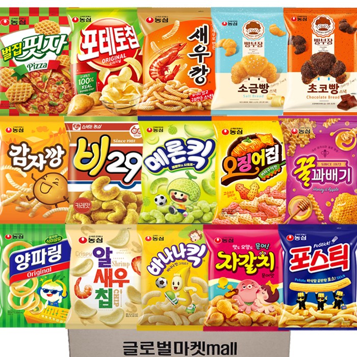 [글로벌마켓] 농심 봉지과자 15종세트 양파링+알새우칩+바나나킥+자갈치+포스틱+감자깡+비+꿀꽈배기+포테토칩+오징어집+메론킥+벌집핏자, 1개 25,000원
