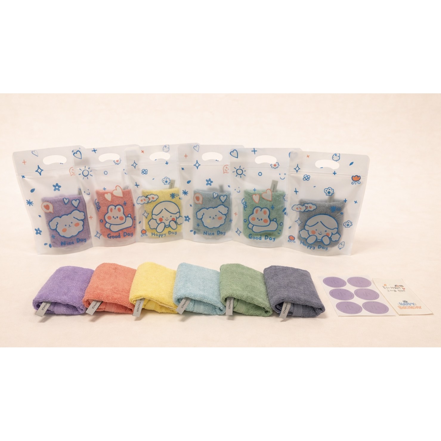 송월타월 고리수건 답례품 6P세트. 선물봉투 스티커세트, 어린이집 유치원 생일답례품, 선생님선물, 학원선물, 15,660원