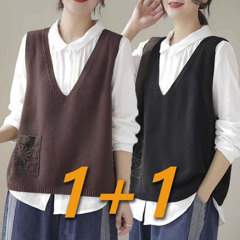 1+1여성 조끼 얇은 브이넥 니트 루즈핏 솔리드 캐주얼 간단한 빈티지포켓 루즈핏 소프트 민소매 베스트, 현재가 19,900원