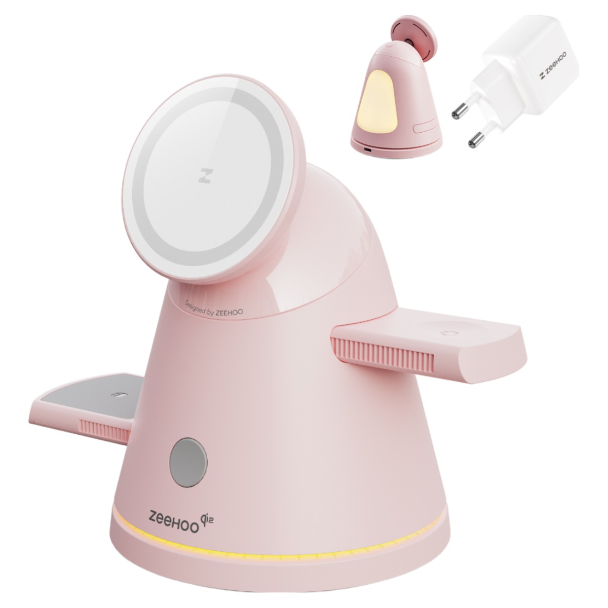 ZeeHoo 4 in 1 무선충전기,삼성 갤럭시&애플 충전기, Qi2 15W 고속 충전,갤럭시워치 충전기,이어폰 맥세이프 충전, LED 무드등, 30W 어댑터 포함, 1개, 핑크 79,900원