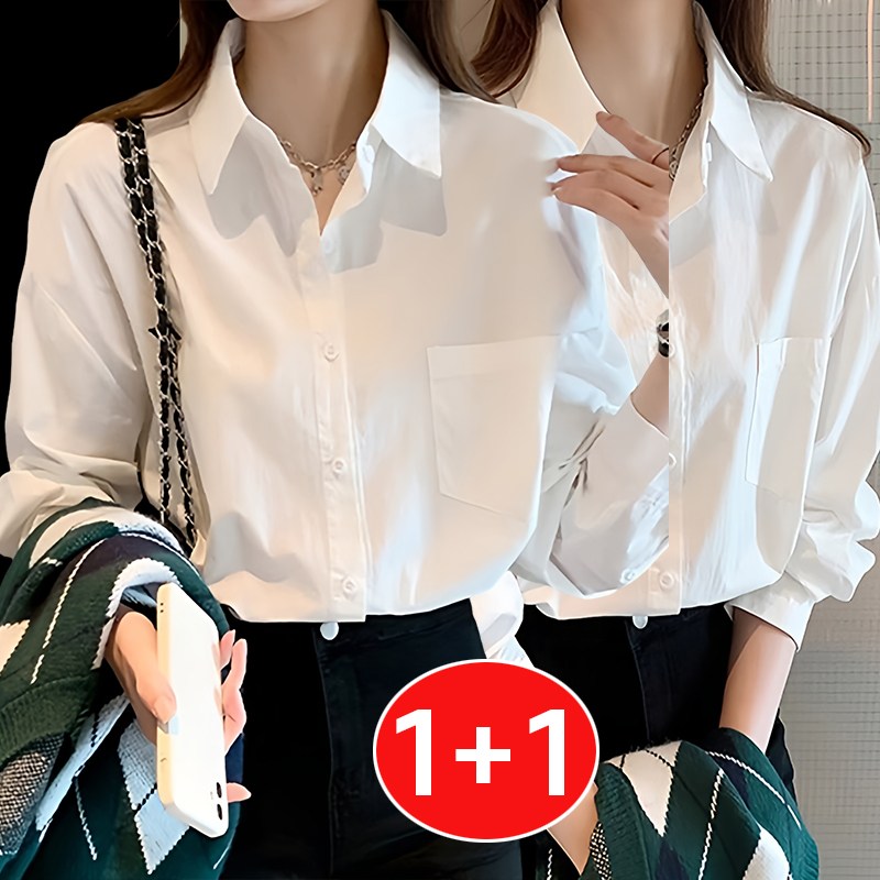 봄가을 데일리 루즈핏 캐주얼 디자인감 화이트 긴팔 포켓 셔츠  여성용 여성 신상 슬림핏 카라넥  블라우스 29,900원