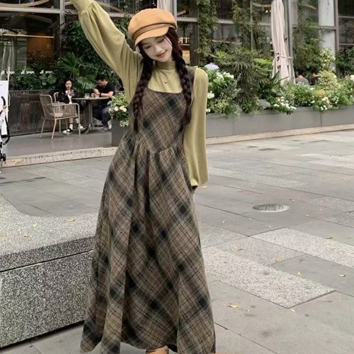 미중 여성 봄가을 뉴 기품 체크무늬 멜빵 날씬 박시 롱 원피스 cxcy 23,430원