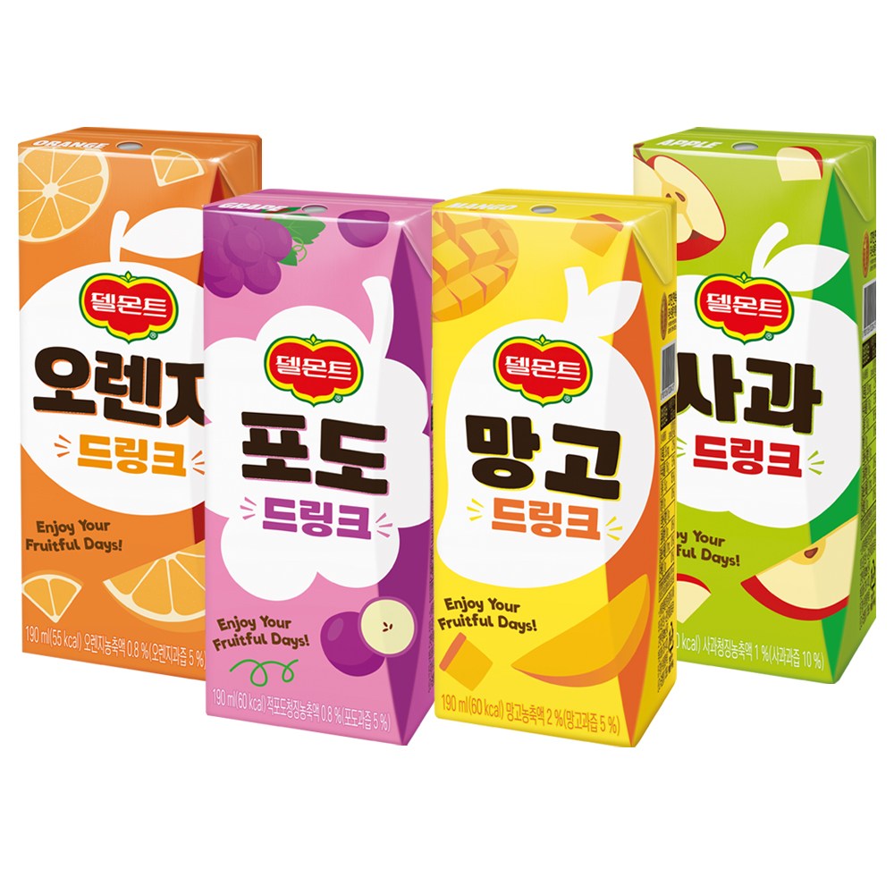 [롯데칠성음료] 190mlx32개 오렌지, 포도, 파인애플, 사과, 망고 8개씩 델몬트드링크팩 13,200원