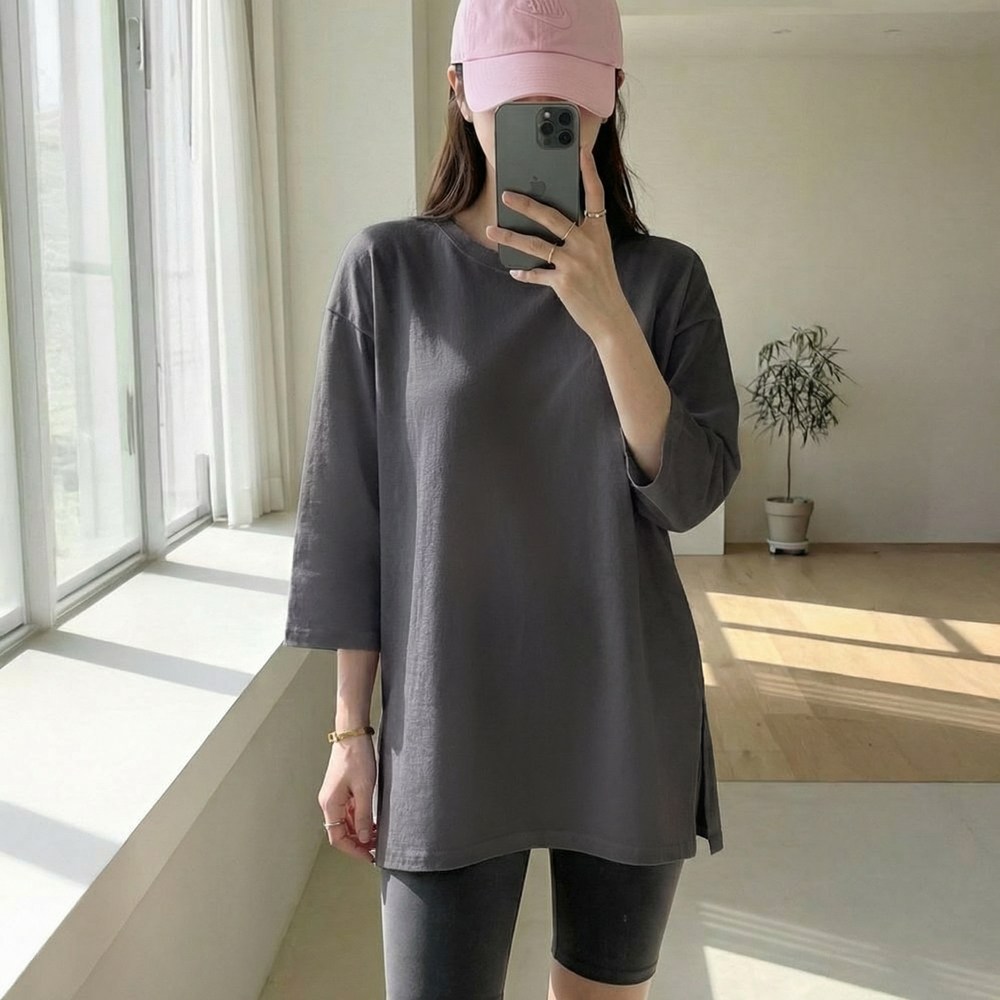 데일리앤 에이지 여성 빅사이즈 루즈핏 무지 이너 레이어드 쭈리 면 옆트임 7부 롱티 맨투맨 레깅스티 15,400원