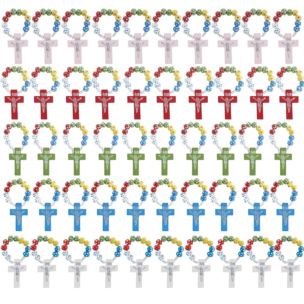 니초 벌크 나무 묵주 반지, 5가지 색상 포함, 주일학교 교회 유인물, 2.5인치(50팩) 150,100원