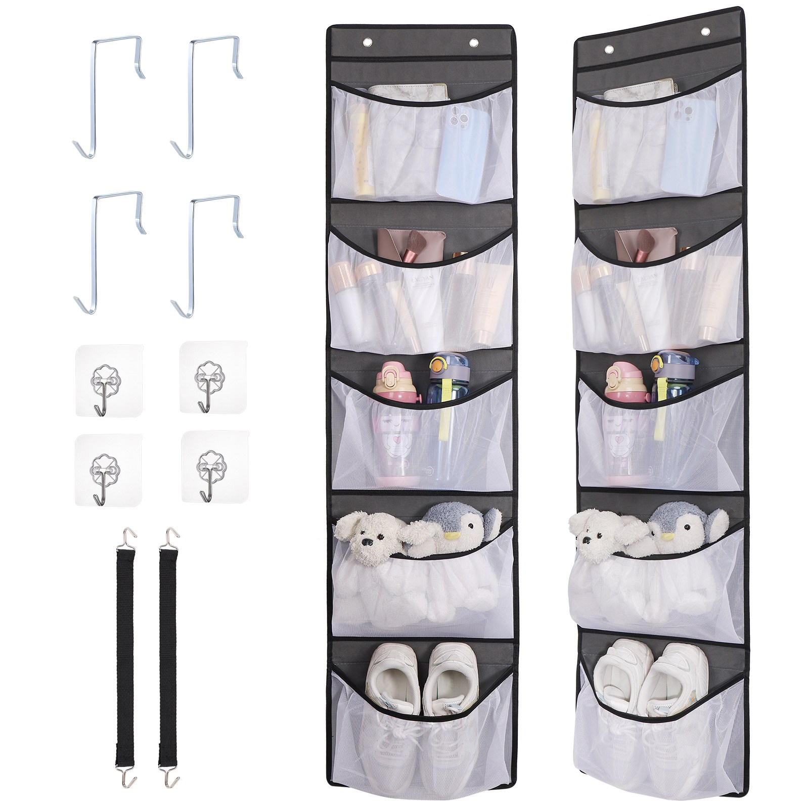 JIZZU<2개입>문걸이 수납망,무타공,멀티 다용도 잡물 수납포켓,대용량 5단 높이130CM,회색 23,100원