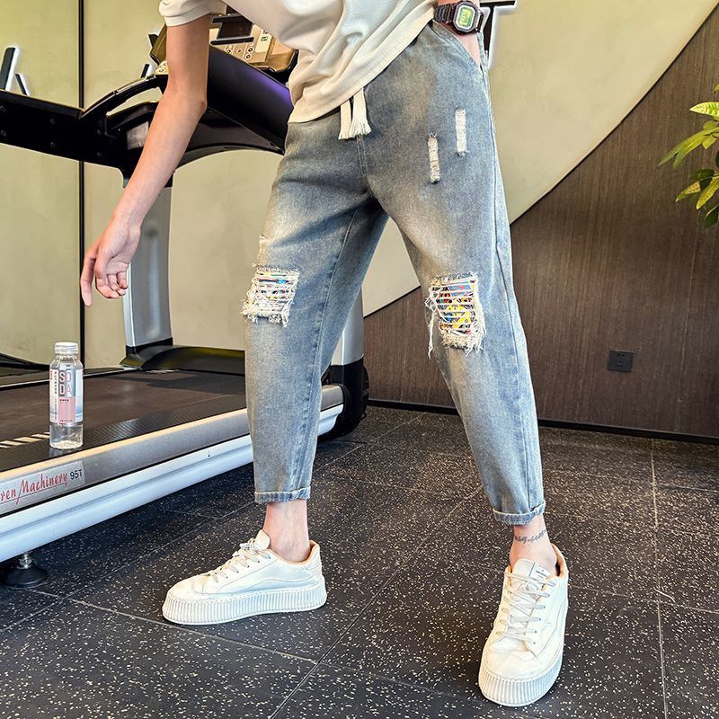 AOKADA 남성 찢청 9부 밴딩 청바지 가을 데님 팬츠 27,410원