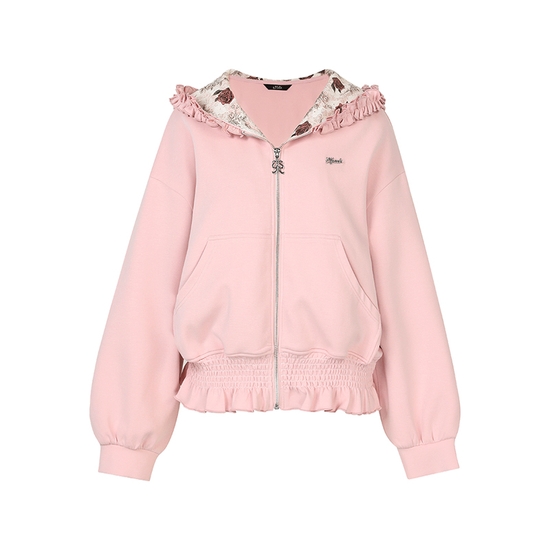 ELFSACK 학원 스타일 후드 집업 자켓 플라워 프린트 후드 프릴 장식 여성용 봄 캐주얼 아우터 111,300원