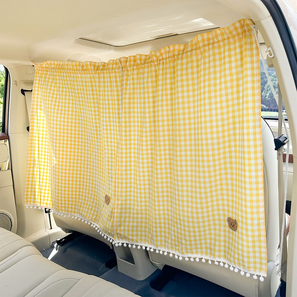 [더알파/차박커튼] 차량용 햇빛가리개 대형(2p)+커튼밴드 / 전차종+트렁크 설치가능 / 곰돌이 체크무늬, 노란색, 1개, 현재가 19,900원