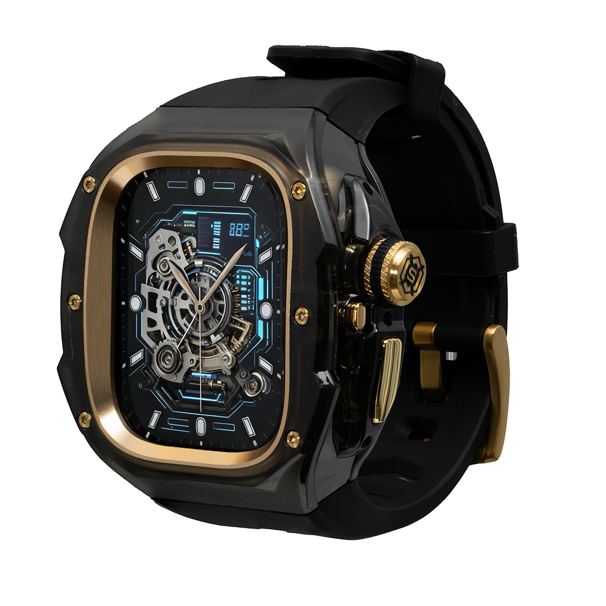 Roger 애플워치 울트라3/2/1 호환 일체형 티타늄 메탈 버클 스트랩 실리콘 밴드 풀커버 보호 케이스 세트 49mm, 블랙 골드 57,630원