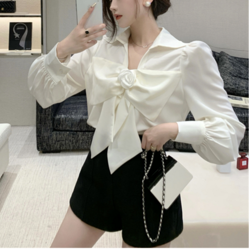 빅리본 브이넥 퍼프소매 쉬폰 화이트 셔츠 블라우스 26,980원