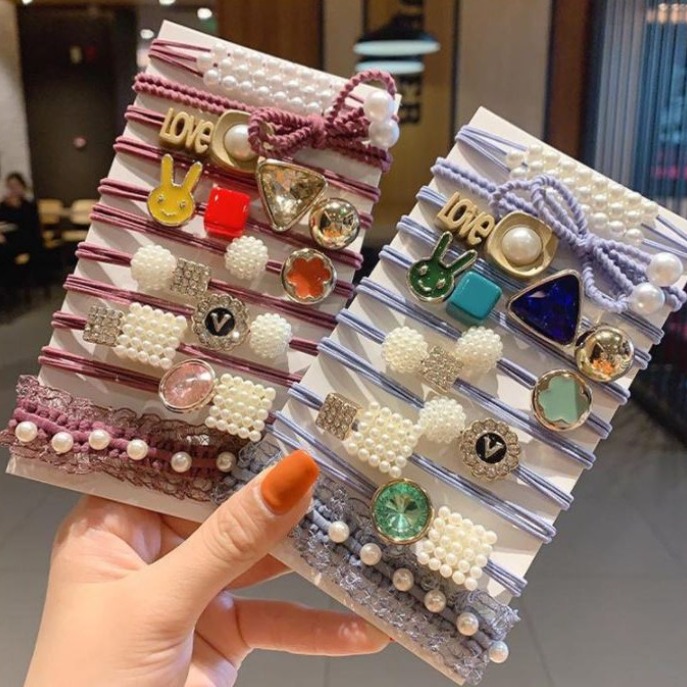 [아라얍] 2+1 반짝 진주 큐빅 화려한 헤어끈 11종 풀세트 23,700원