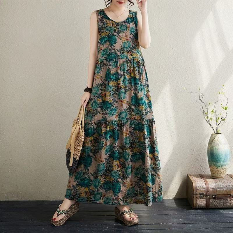 [미시108] 빅사이즈/88까지 캉캉 여성 원피스16 린넨 민소매 롱 플라워 플리츠 바캉스 휴양지 루즈핏 26,800원