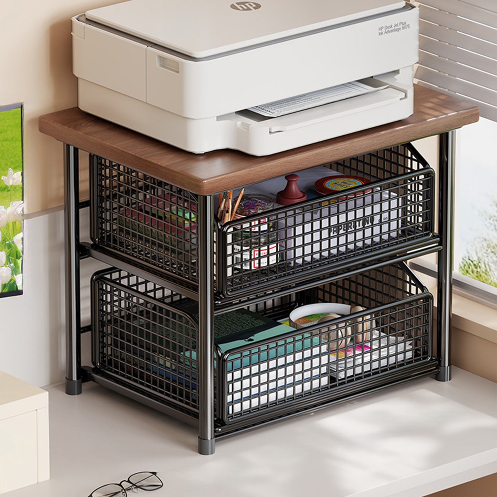 Equator 다용도 서랍형 선반 책상용 프린터 수납대 사무실 복사기 받침대 주방 정리 선반 커피코너 수납 선반 소형 정리대, 1개, 블랙 메쉬+2층 서랍 있음 55,000원