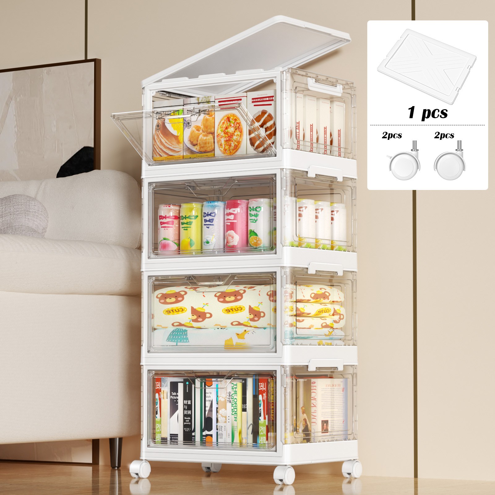 kipnos 폴딩 수납장 리빙박스 수납 정리함 접이식 보관함 다용도 수납함 플라스틱 수납함 사물함 정리함 리빙박 스수납박스 대형가정용 장난감 수납장 옷정리함 길이 40cm, 4단, 투명 62,000원