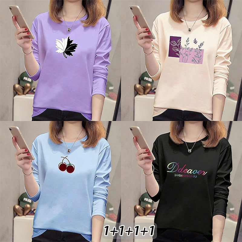 YLEMI 1+1+1+1 봄 가을 시즌 여성 여유로운 핏 편안한 긴팔 티셔츠 데일리룩 이너면티셔츠 4종 세트 33,800원