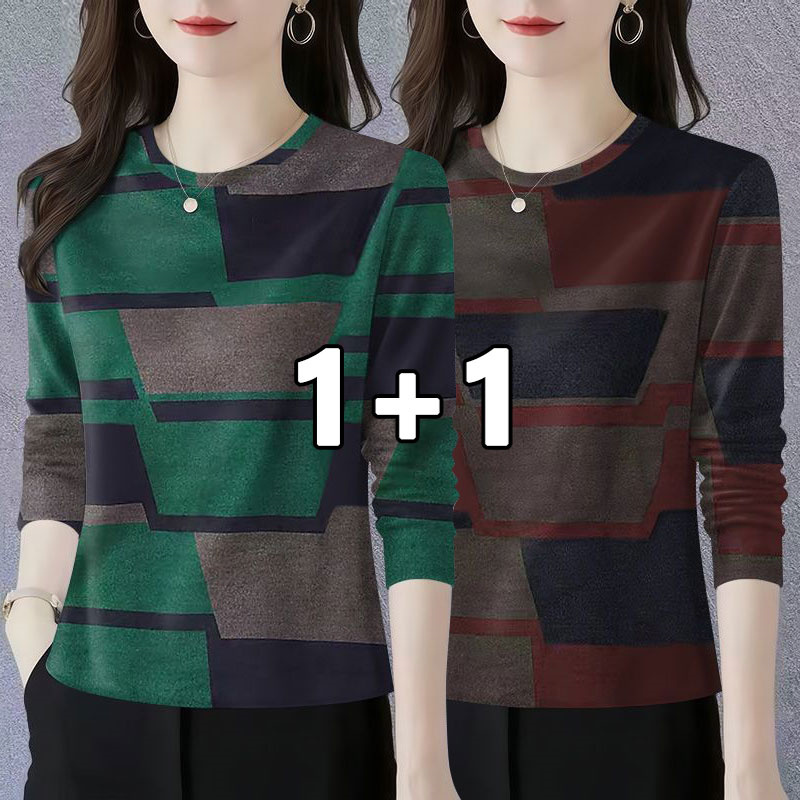 꽃소담 1+1 40대50대 중년여성 배색 라운드넥 긴팔 티셔츠 봄가을 티셔츠  HXY26A397 19,530원