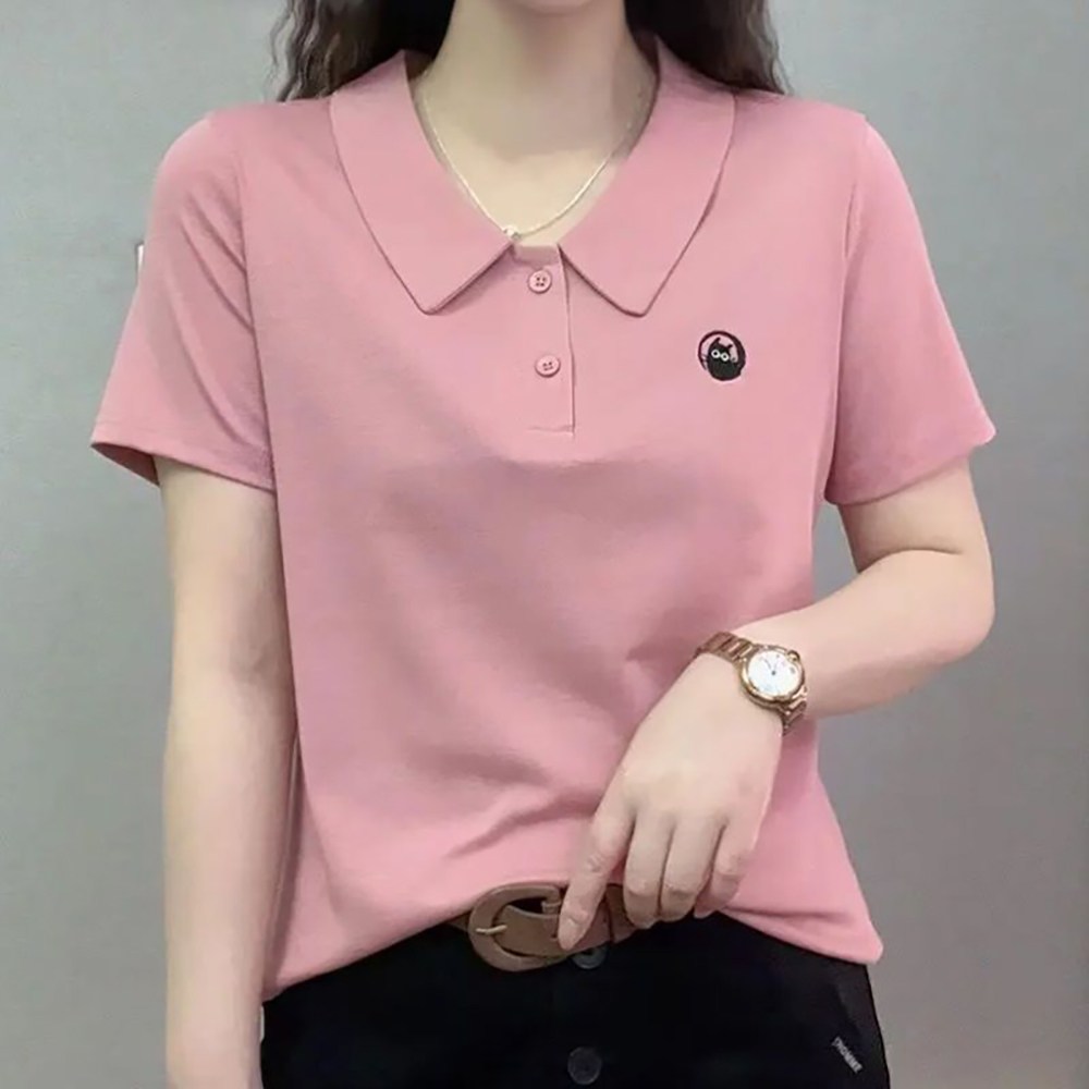 ROYALBELLE 여성 반팔 데일리 카라넥 티셔츠 캐주얼 프린트 버튼 디자인 베이직 티셔츠 F0041116 13,960원