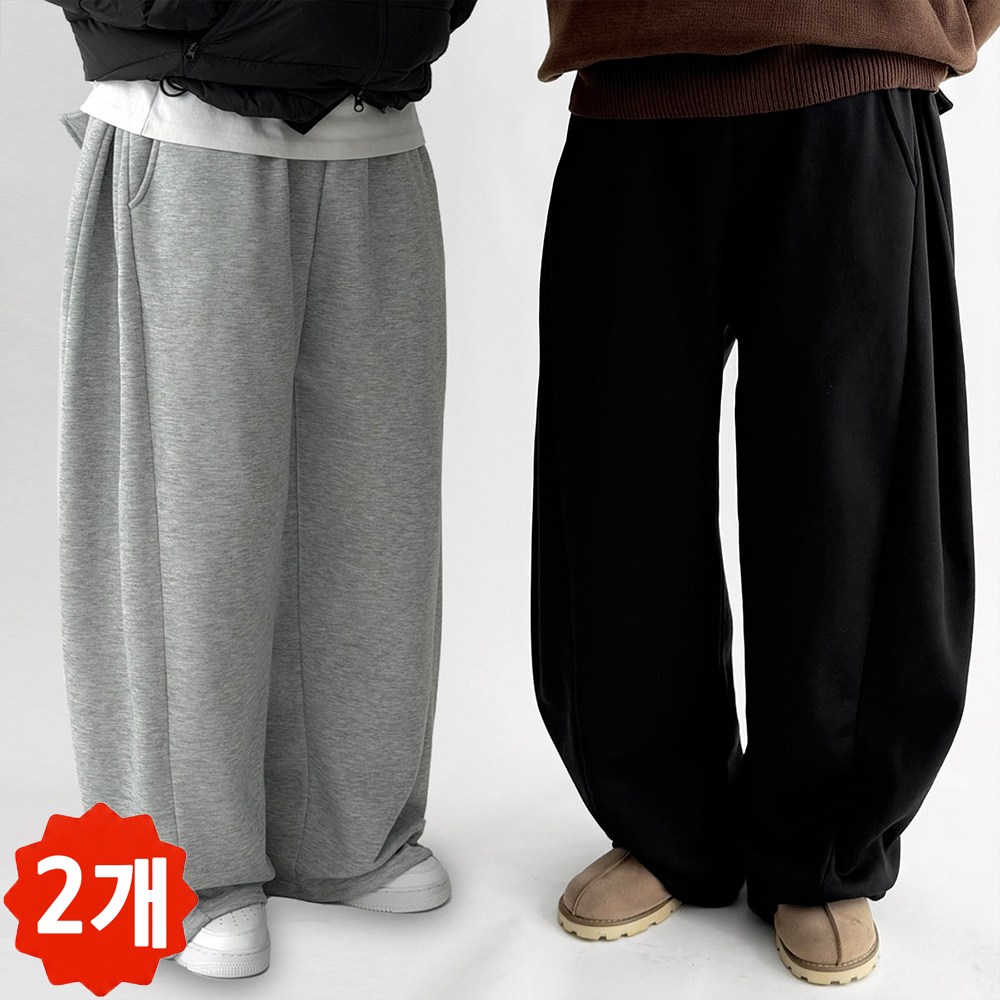 [1+1 사계절] 빠델 백 포켓 포인트 사이드핀턱 벌룬 와이드 트레이닝 스웻 커브드 팬츠 회색 트레이닝팬츠 기모 바지 36,900원