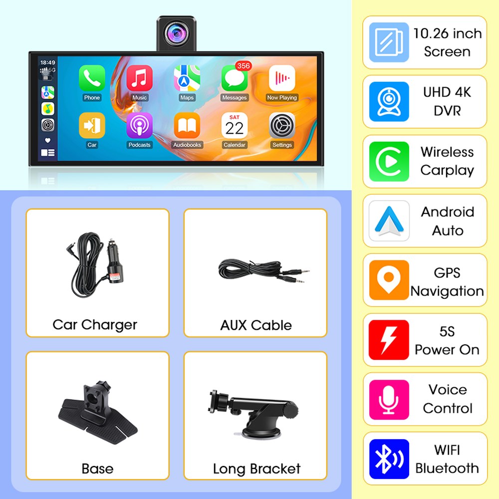 카플레이 모니터 10 26인치 4K 블랙박스 CarPlay Android Auto 지원 360 회전 5G Wi Fi GPS 내비게이션 FM AUX 후방 카메라 비디오 녹화 기능 95,900원