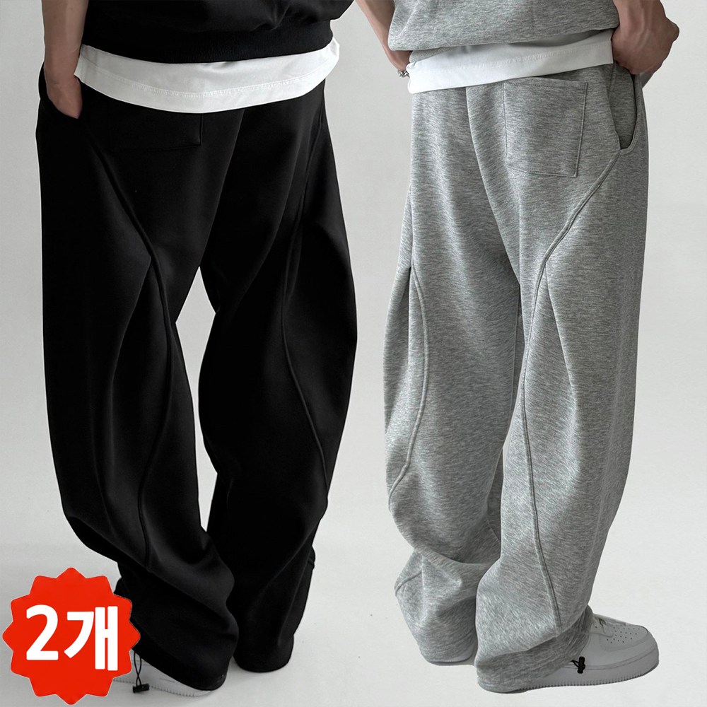 2장묶음 빠델 백 커브 절개 핀턱 벌룬 와이드 트레이닝 스웻 커브드 팬츠 회색 트레이닝팬츠 36,900원