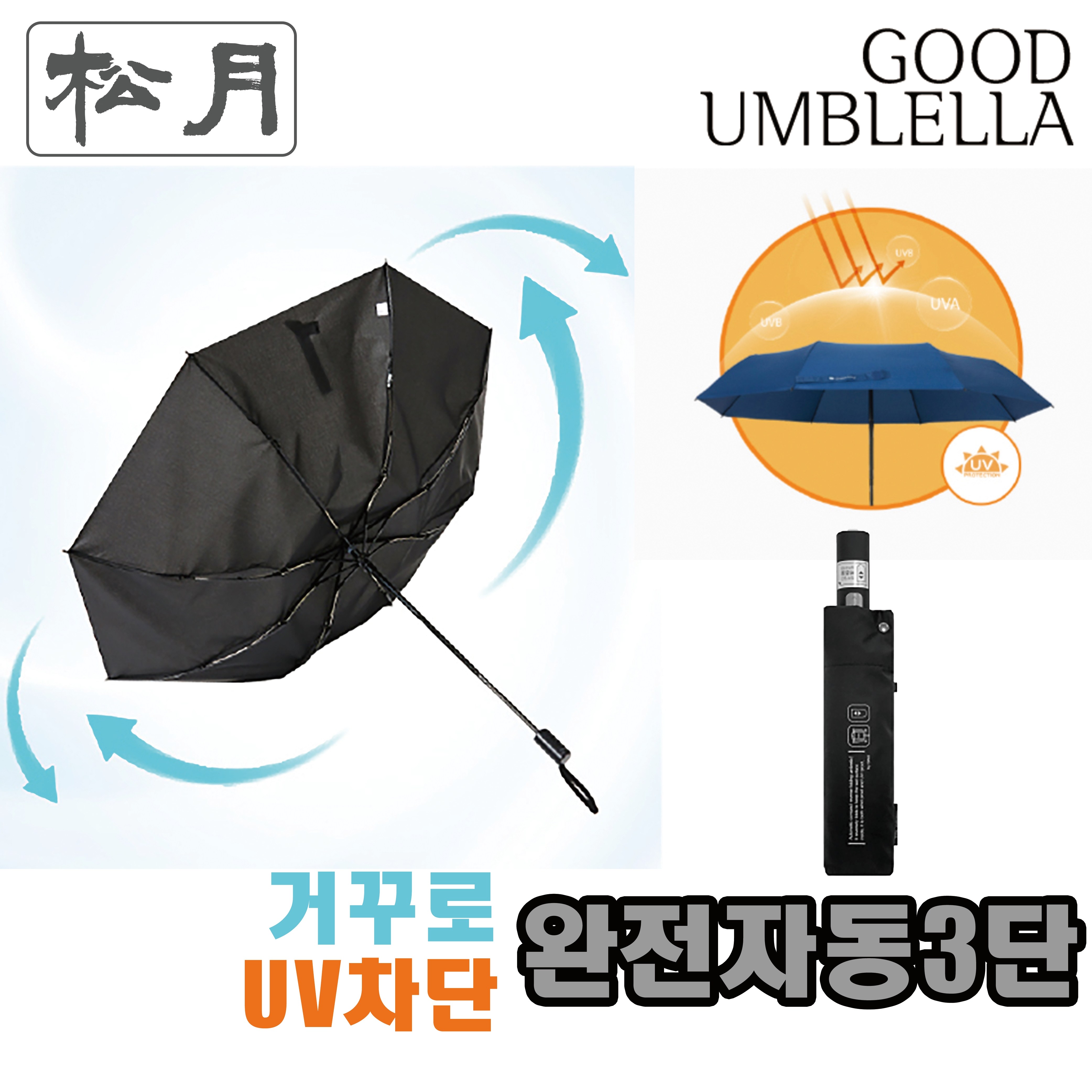 [송월우산] CM 완전자동 안전 거꾸로 UV차단 3단우산 (거꾸로우산/UV차단/완전자동/3단우산 /58cm x 8K/완자동우산) 전자동우산 자동우산 튼튼한우산 접이식우산 24,000원