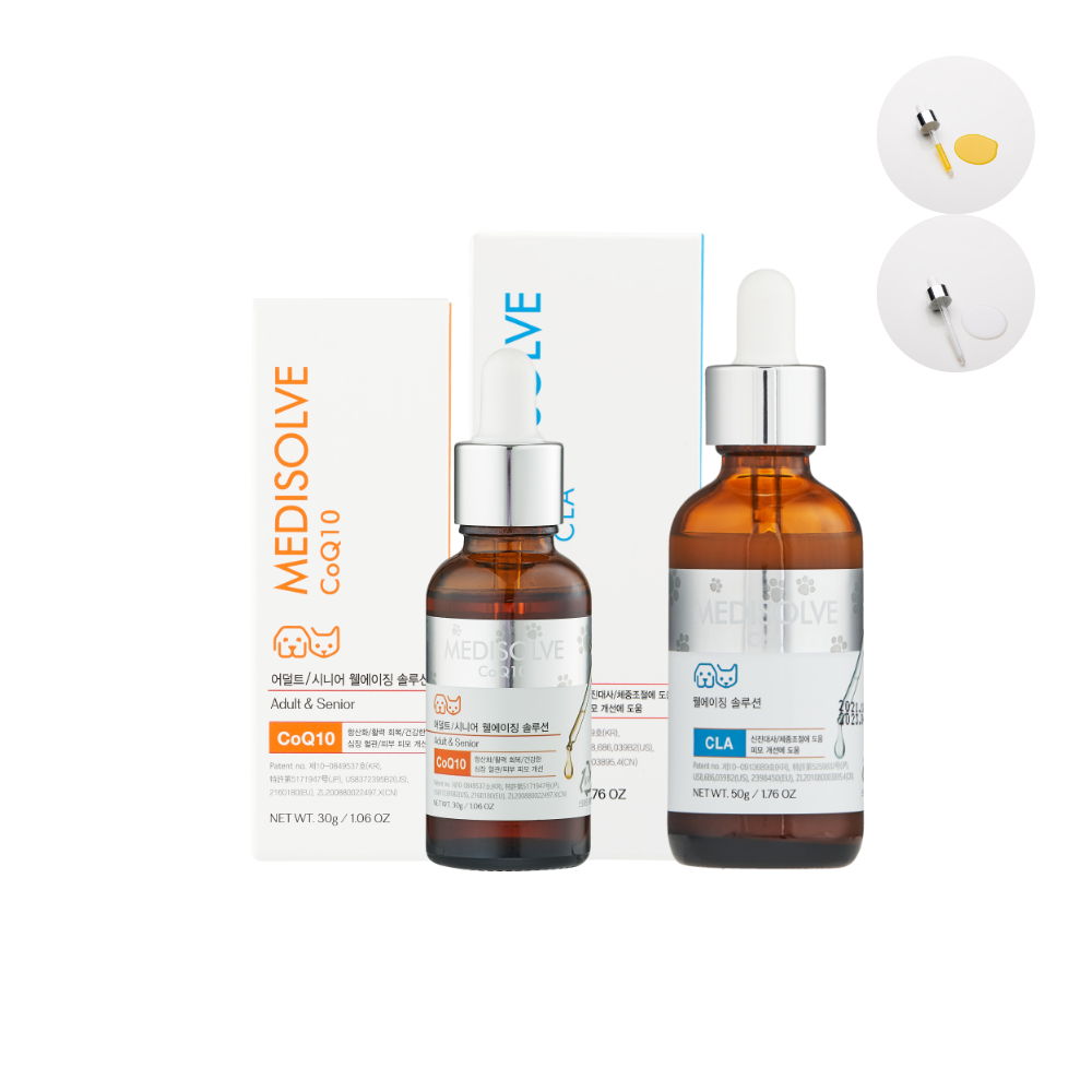 메디솔브 코큐텐(30g) 1개+씨엘에이(50g) 1개 세트 강아지 고양이 영양제 액상 (5kg미만기준약2개월분), 1세트, 면역/항산화, 60회분 53,000원