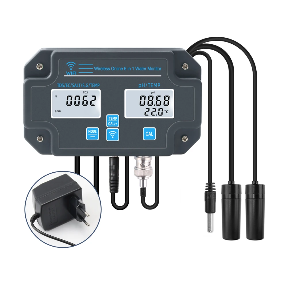 Yieryi YY-W9909 스마트 블루투스 수질 검사기, PH, TDS, EC, 염분, S.G., 온도 계량기, 와이파이 앱 지능 97,400원