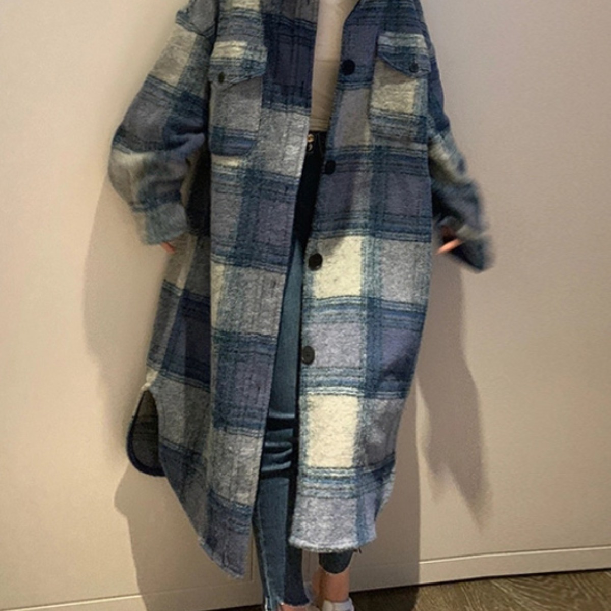 퀸앤조이 블루 타탄체크 도톰 롱 남방 셔츠 68,800원