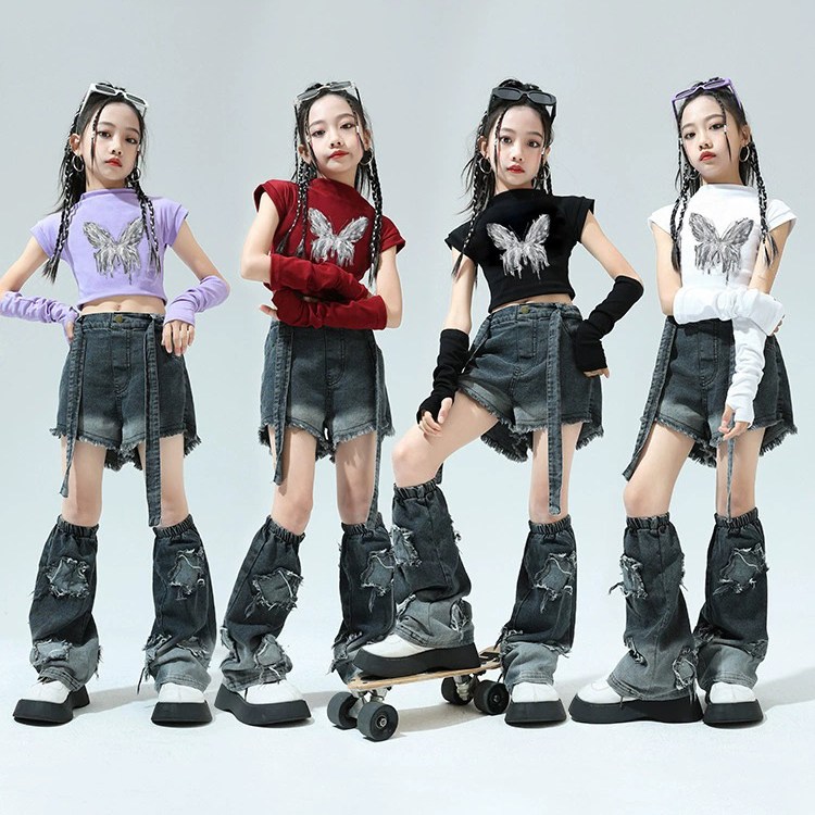 메이징키즈 주니어 여아 나염 힙합 스트릿 나비 프린팅 크롭 반바지 팔 발 토시 댄스복 40,300원